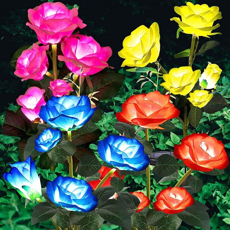 Photo 1 of ANGMLN 4 Pack Solar Garden Lights, Solar Flower Lights Outdoor Waterproof with 20 Head Rose 7-Color Changing Landscape Lights for Garden Yard Pathway Patio Grave Cemetery Decoration
