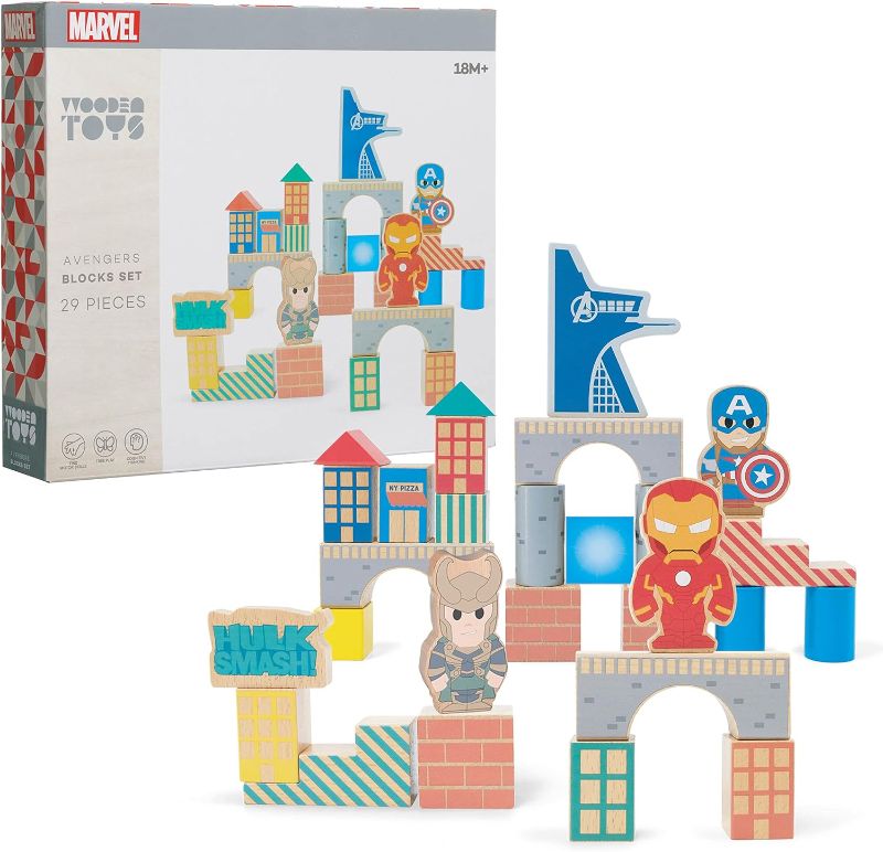 Photo 1 of Disney Marvel Wooden Toys Avengers 29-piece Building Blocks Set, Officially Licensed Kids Toys for Ages 18 Month, Amazon Exclusive, Multi-color
