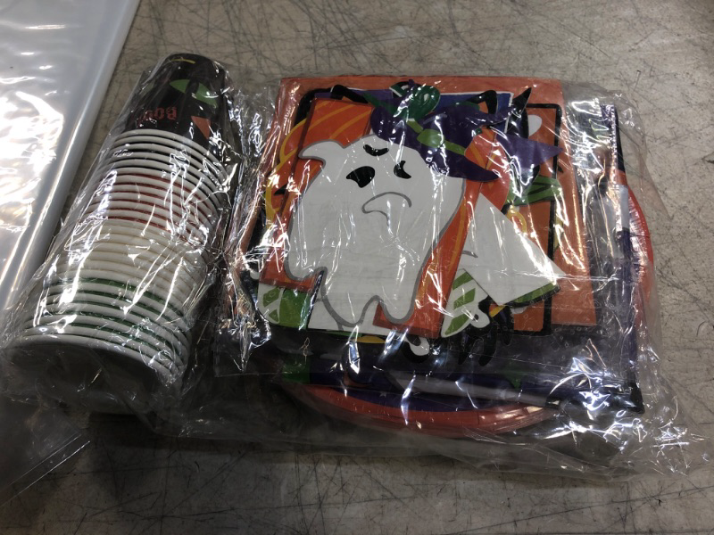 Photo 2 of 106 Pcs Halloween Party Supplies Tableware Set for Halloween Holiday Party Decorations Includes Trick or Treat Plates, Napkins, Cups, Hanging Swirls, Tablecloth, Banner, Serves 24 Guests