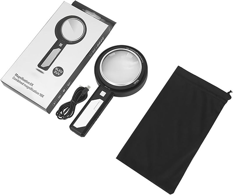 Photo 1 of Magnifying Glass with Light, USB Rechargeable 6X 9X 15X Handheld Magnifying Glass Double Lens Magnifier 6 Light and 2UV Light for Reading Small Prints, Seniors Reading, Books, Map, Coins
