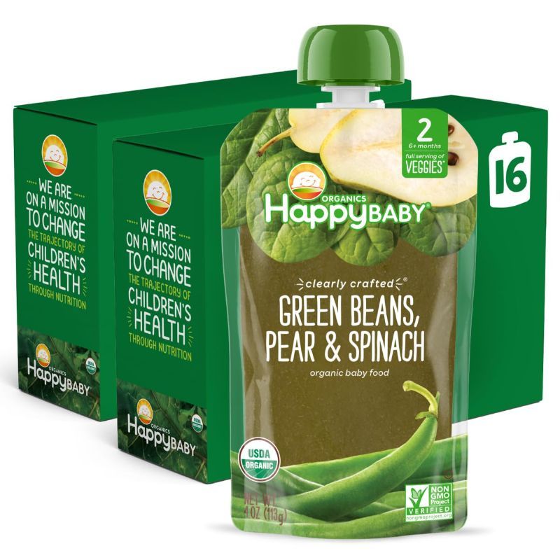 Photo 1 of Happy Baby Organics Stage 2 Baby Food Pouches, Gluten Free, Vegan & Healthy Snack, Clearly Crafted Fruit & Veggie Puree, Green Beans, Pears & Spinach, 4 Ounces (Pack of 16) BEST BY 4/10/2024

