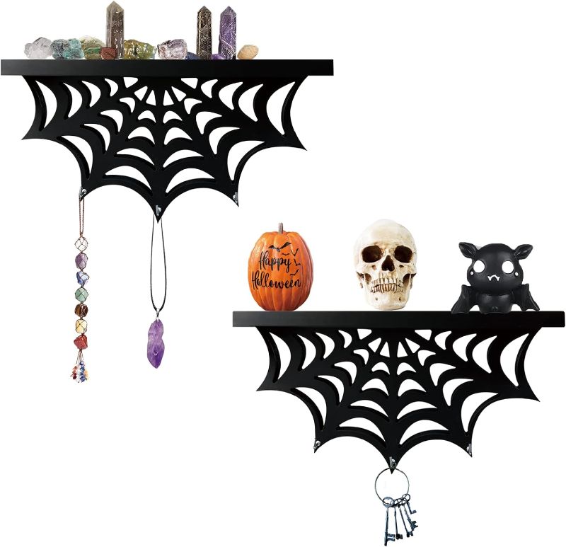 Photo 1 of 2 Sets Gothic Spider Web Shelves, Wall Mounted Goth Shelf, Display Shelf for Crystal and Stones, Wooden Floating Shelf with Hooks for Bedroom Livingroom, Halloween Witchy Hanging Decor(Black) 5.3"D x 11.8"W x 6.5"H
