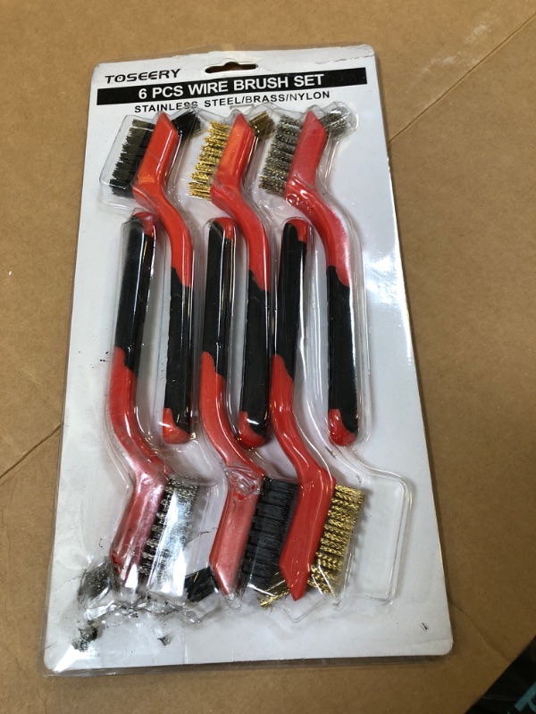 Photo 2 of Wire Brush Set, 6 Pcs Brass/Stainless Steel/Nylon Wire Brushes for Cleaning with Curved Handle Grip for Rust Removal, Dirt, Paint Scrubbing 6 Red