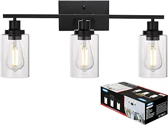 Photo 1 of MELUCEE Bathroom Vanity Light Fixtures 3 Lights Wall Sconce Black with Clear Glass Shade for Bedroom Living Room Hallway Kitchen