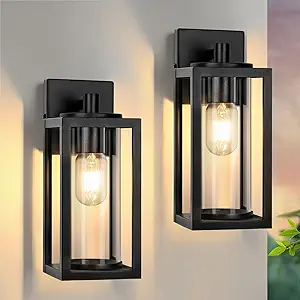 Photo 1 of Outdoor Wall Light Fixtures, Exterior Waterproof Wall Lanterns, Anti-Rust Outside Porch Lights With Glass Shade, Matte Black Sconces Wall Mount, E26 Modern Wall Lamp For House Front Door Patio, 2-Pack