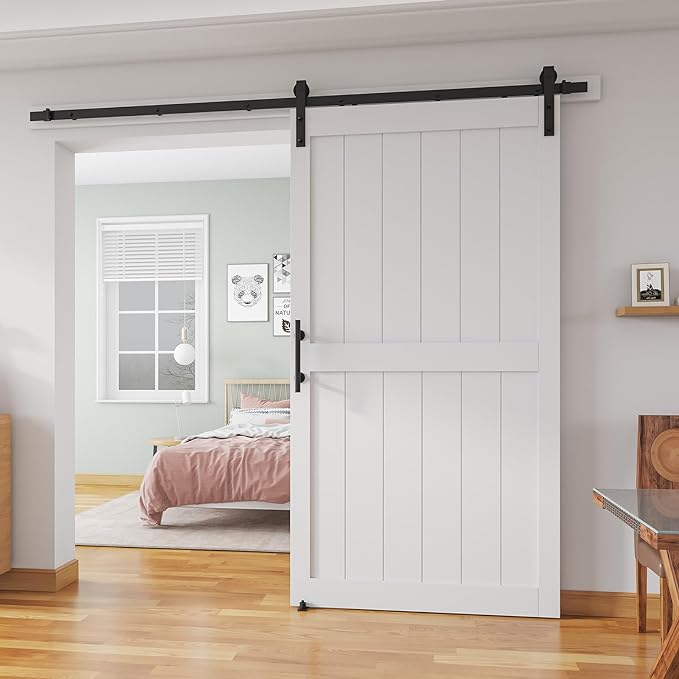 Photo 1 of 44''x 84'' Sliding Barn Door with 8 Ft Barn Door Hardware Kit& Handle& Floor Guides,Pre-Drilled Holes Easy Assembly - Include Installation Manual, Water-Proof PVC Surface, H-Frame, White