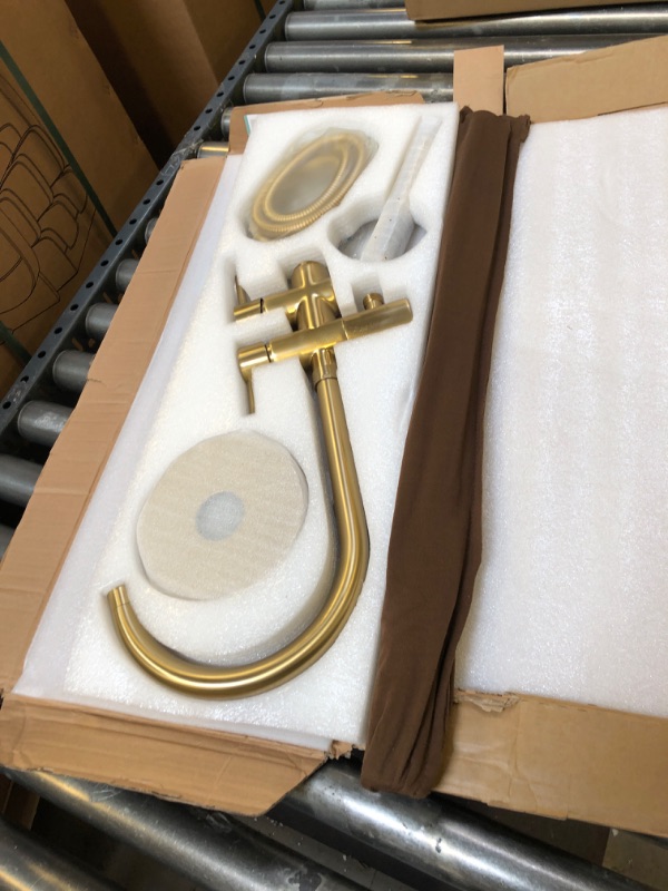 Photo 2 of YAGATAP Freestanding Bathtub Faucet Floor Mount Tub Filler Brushed Gold High Flow Shower Faucets with Handheld Shower Mixer Taps Swivel Spout…