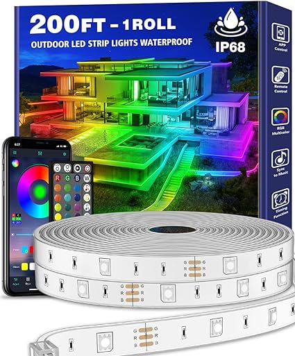 Photo 1 of 200ft Outdoor LED Strip Lights Waterproof 1 Roll,IP68 Outside Led Light Strips Waterproof with App and Remote,Music Sync RGB Exterior Led Rope Lights with Self Adhesive Back for Deck,Balcony,Pool