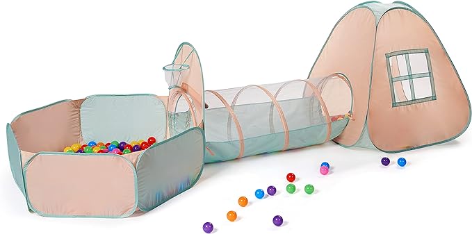 Photo 1 of 3 in 1 Pop Up Kids Play Tent with Tunnel and Ball Pit for Kids, Boys, Girls, Babies and Toddlers, Indoor/Outdoor Playhouse,Orange Pink/Light Green