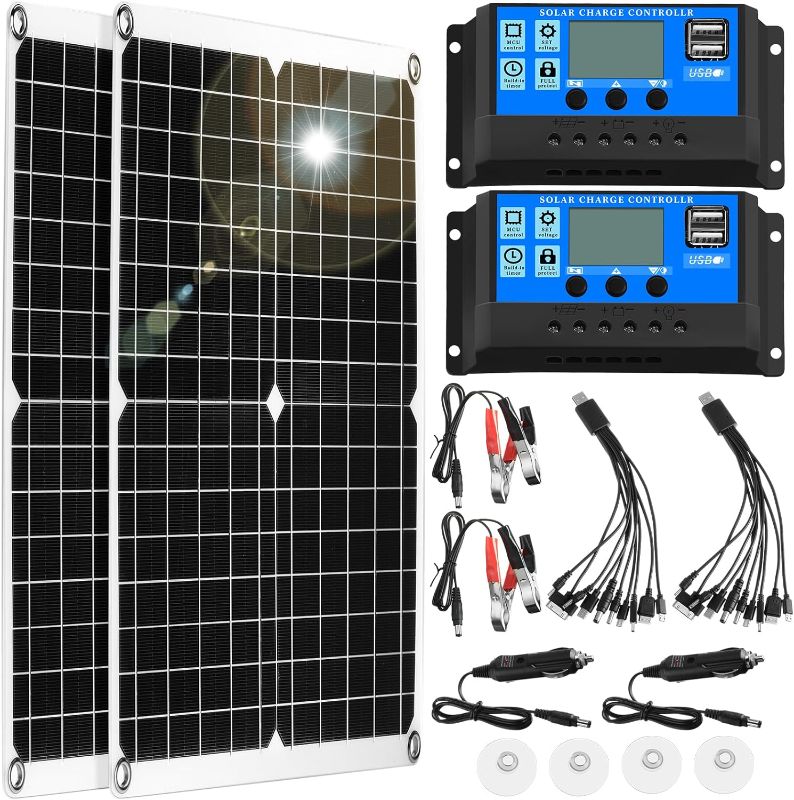 Photo 1 of Riakrum 2 Set Solar Panel Kit High Efficiency Battery Trickle Charger Maintainer 10A Solar Charge Controller Battery Folder 1 to 10 Charging Cables for RV Trailer Boat Home Off Grid System (25W 18V)
