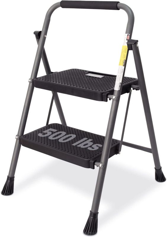 Photo 1 of 2 Step Ladder, GOLYTON 2 Lightweight Folding Step Stool with Wide Anti-Slip Pedal and Comfort Handgrip, Lightweight 500 lbs Portable Steel Ladder Multi-Use Household and Office, Grey
