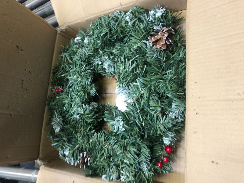 Photo 2 of 20" Pre-Lit Christmas Wreath, Battery Operated with 30 LED Lights Artificial Holiday Wreath, Metal Ring Base, Pine Cones, Red Berries, Snowy Pine Needles (Snowy)