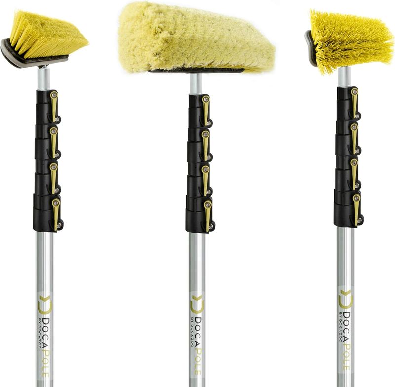 Photo 1 of 30 ft High Reach Brush Kit with 6-24 Foot Telescopic Extension Pole; Includes Soft Scrub Car Wash Brush, Medium Bristle Cleaning Brush and Deck Brush with Hard Bristles

