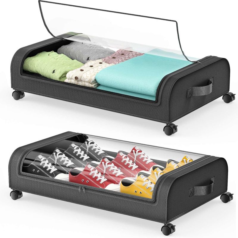 Photo 1 of Under Bed Storage with Wheels and Lids, Rolling Underbed Storage Containers, Metal Under the Bed Shoe Storage Organizer with Bag Cover (2 Pack Black)
