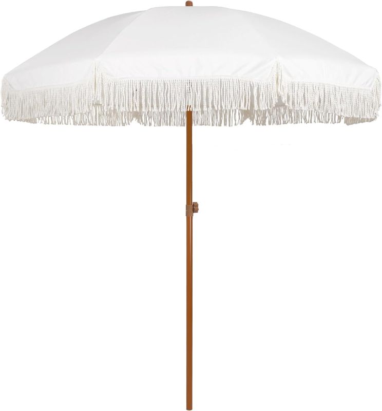 Photo 1 of AMMSUN 7ft Patio Umbrella with Fringe Outdoor Yard Umbrella UPF50+ Wood Color Steel Pole and Steel Ribs Push Button Tilt