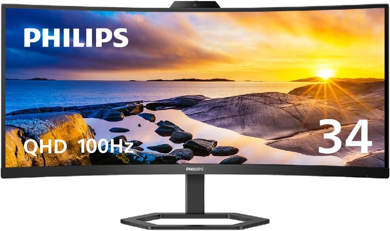 Photo 1 of PHILIPS 34E1C5600HE 34" UltraWide QHD 21:9 Monitor with Built-in Windows Hello Webcam & Noise Canceling Mic, USB-C Docking, Stereo Speakers, 100Hz, 4-Year Advance Replacement
