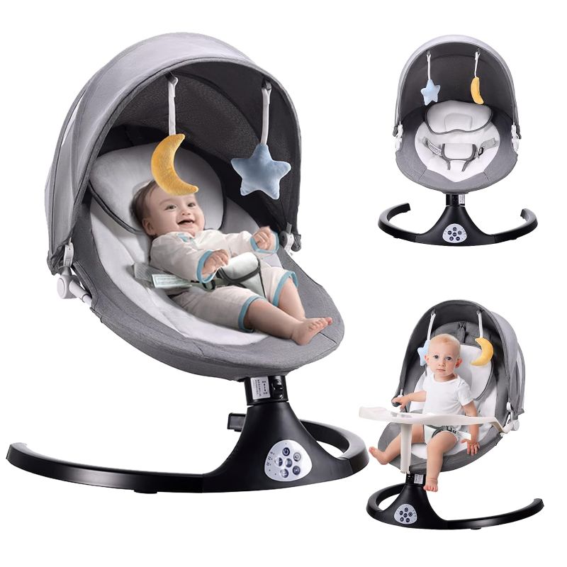 Photo 1 of Baby Swing for Infants, 5 Speed Electric Bluetooth Baby Rocker for Newborn, 3 Timer Settings & 10 Pre-Set Lullabies, Portable Baby Swing with Tray and Remote Control for 5-26 lbs, 0-12 Months