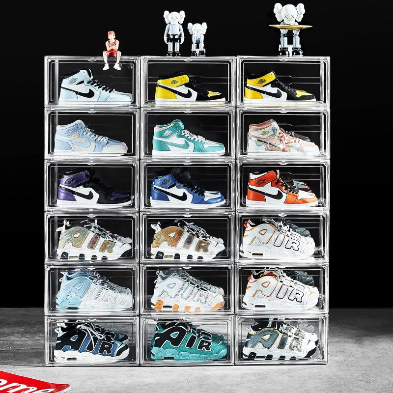 Photo 1 of 12 Pack Shoe Boxes, Clear Acrylic Stackable Plastic Sneaker Box Container, Magnetic Side Open Shoe Storage Boxes Container for With Lids Fits Up to Size 15 C-Transparency-12Pack-Side