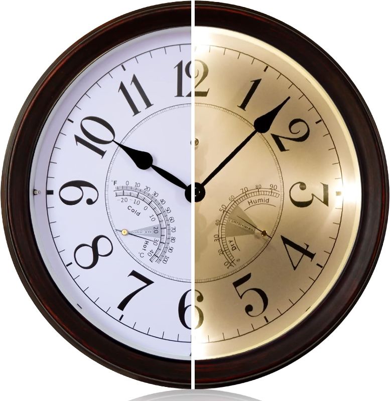 Photo 1 of 14 Inch Indoor Outdoor Clock, Large Waterproof Wall Clock with Thermometer Hygrometer, Illuminated by Sound Controlling, Decor for Home, Kitchen, Pool, Patio
