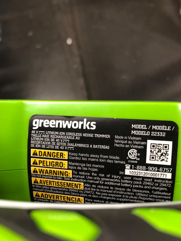 Photo 4 of **MISSING CHARGER AND BATTERY**
Greenworks 40V 24" Cordless Hedge Trimmer, Tool Only 3/4" Cut (Tool Only) Hedge Trimmer