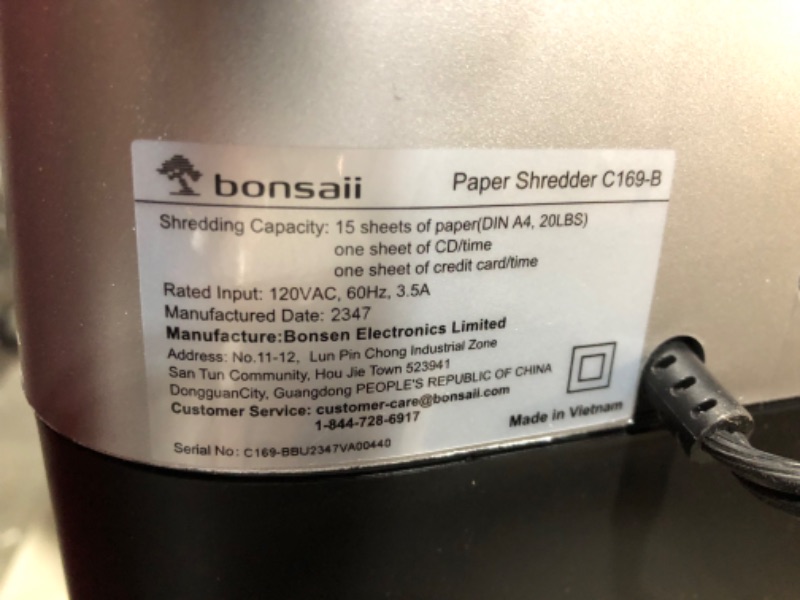 Photo 3 of ***NONREFUNDABLE - NOT FUNCTIONAL - FOR PARTS ONLY - SEE COMMENTS***
Bonsaii 15-Sheet Office Paper Shredder, 40 Mins Heavy Duty Shredder for Home Office