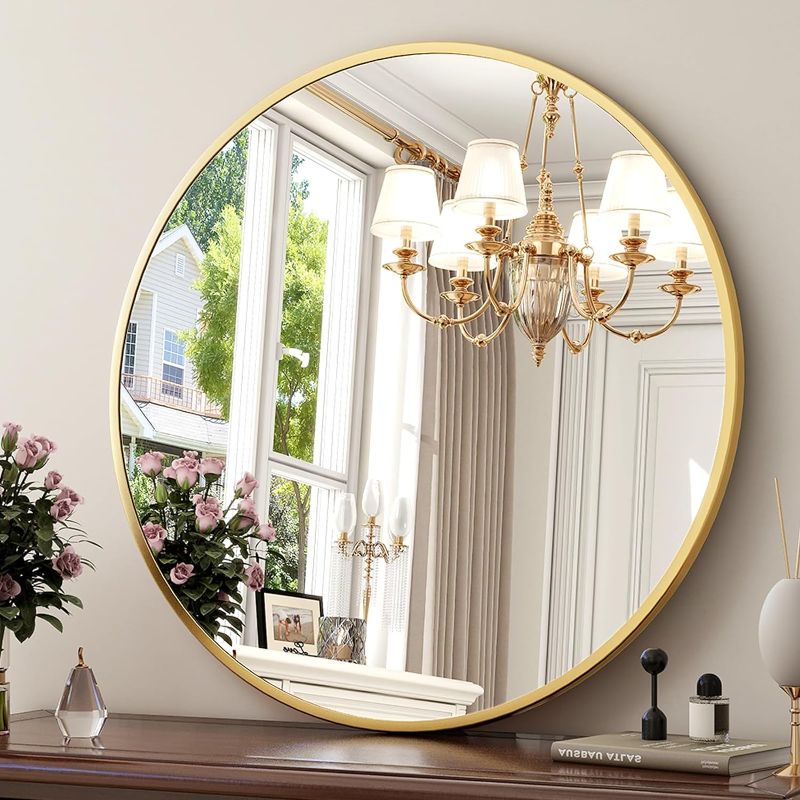 Photo 1 of 0-Inch Round Wall Mirror - Gold Bathroom Mirror with Metal Frame - Modern Hanging Mirror for Entryway, Bathroom, Vanity, Living Room - Stylish Circle Mirror