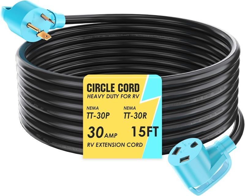 Photo 1 of CircleCord UL Listed 30 Amp 15 Feet RV Extension Cord, Heavy Duty 10 Gauge 3 Wire STW Pure Copper Wire with Grip Handle, TT-30P Male to TT-30R Female with Cord Organizer for RV Trailer Campers