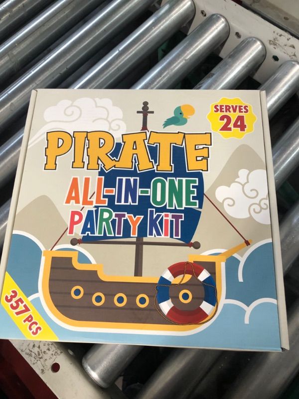 Photo 1 of All-in-One 357 Pc Pirate Party Decorations (Serves 24) Pirate Party Supplies with Plates, Cups, Napkins, Tablecloth, Balloons, Cake and Cupcake Topper and More Pirate Birthday Decorations