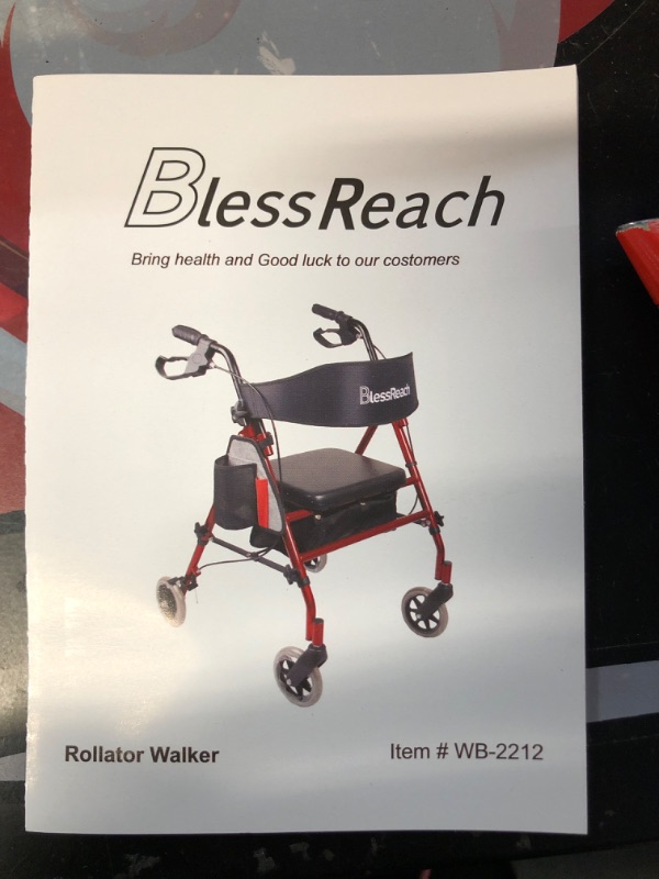 Photo 3 of BlessReach Rollator Walker with Seat, Steel Rolling Walker with 6-inch Wheels - Red