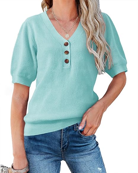 Photo 1 of FERBIA Women's Short Sleeve Pullover Sweater V Neck Button Down Shirt Puff Sleeves Lightweight Summer Tops