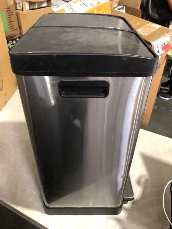 Photo 6 of ***HEAVILY USED AND DIRTY - DAMAGED - SEE COMMENTS***
iTouchless 16 Gallon Dual Step Trash Can & Recycle, Stainless Steel Lid and Bin Body