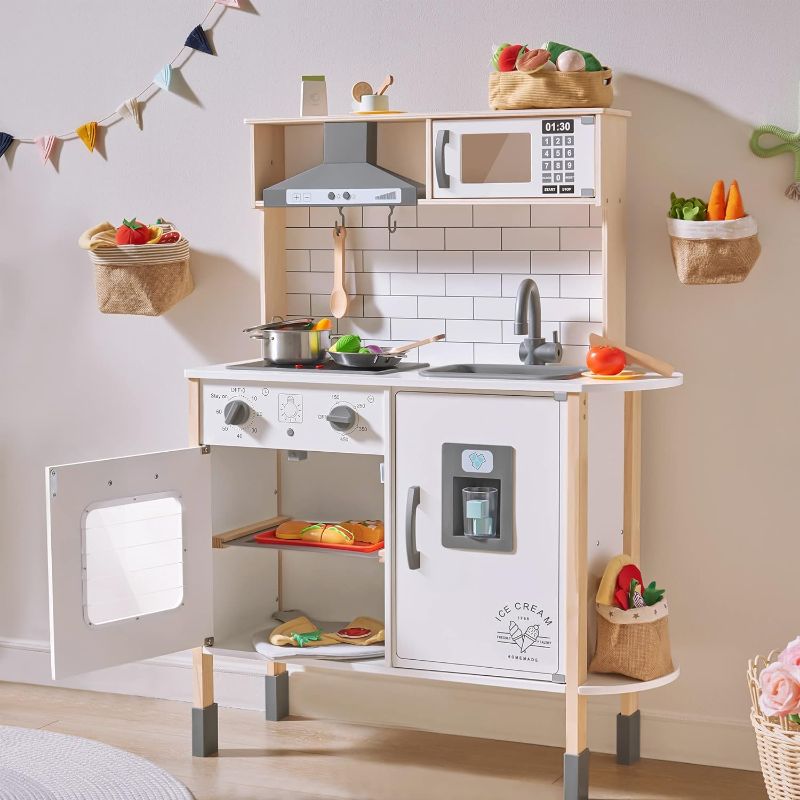 Photo 1 of **POSSIBLY MISSING PARTS PREVIOUSLY OPENED**MINOR DAMAGE**
Tiny Land Play Kitchen for Kids, Wooden with 18 Pcs Toy Food & Cookware Accessories