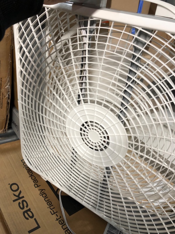 Photo 4 of **POWERS ON 
Lasko 20? Weather-Shield Performance Box Fan-Features Innovative Wind Ring System for Up to 30% More Air, 20 Inch, 3720