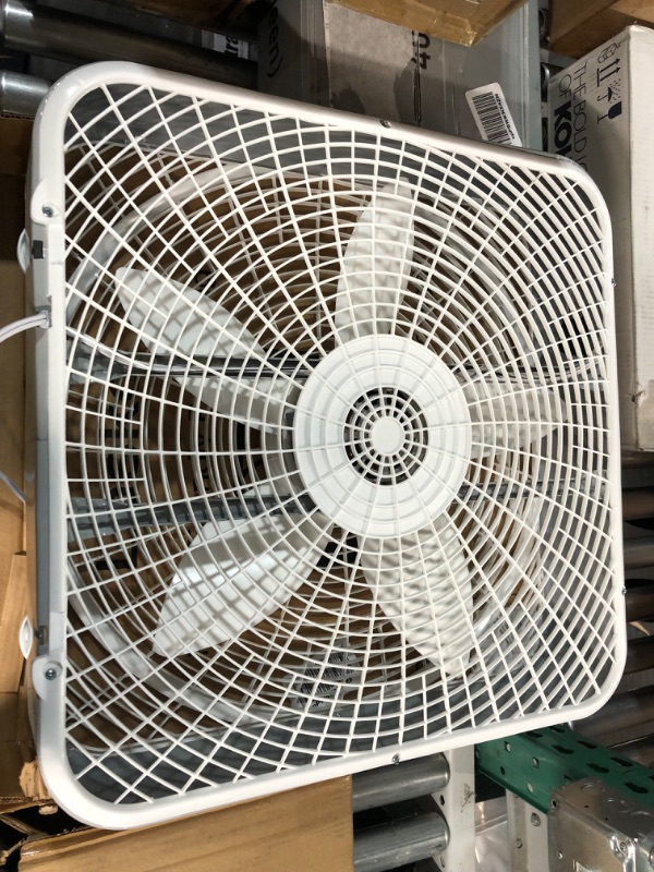 Photo 3 of **POWERS ON 
Lasko 20? Weather-Shield Performance Box Fan-Features Innovative Wind Ring System for Up to 30% More Air, 20 Inch, 3720