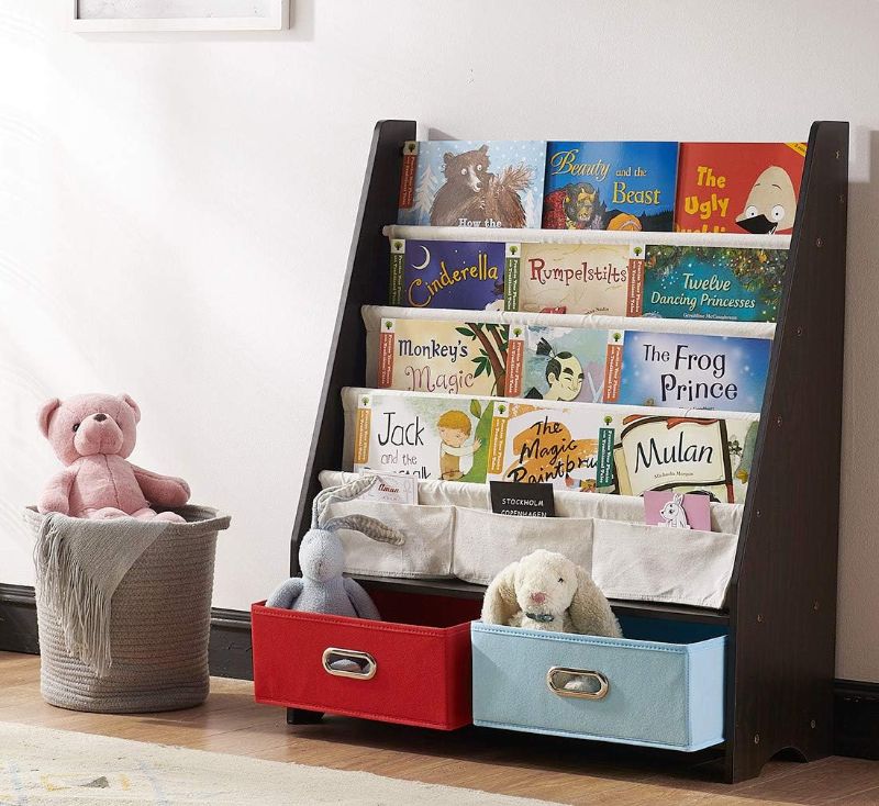 Photo 1 of SEIRIONE Kids Book Rack 4 Sling Bookshelf 2 Cube Bins for Toys Organizer Shelves Beige 27.6x11x34 Inches