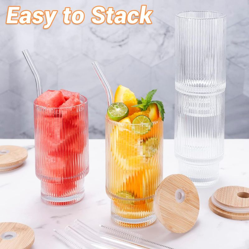 Photo 1 of (READ FULL POST) ALINK Glass Cups with Straws, 12 OZ Ribbed Glassware Drinking Glasses Set of 4, Fluted Iced Coffee Cups, Origami Style Ridged Tumbler for Coocktail, Whiskey, Beer - 2 Brush
