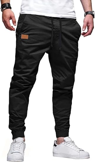 Photo 1 of JMIERR Mens Casual Joggers Pants - Cotton Elasticated Waistband Chino Cargo Pants Hiking Outdoor Twill Track Jogging Pants Small Black