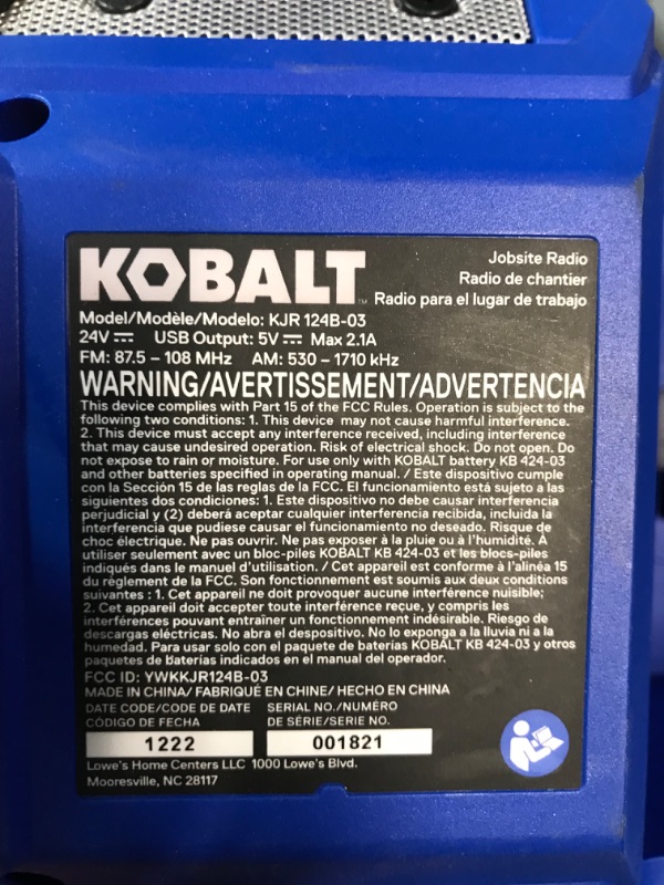 Photo 4 of ***USED - NO BATTERY - UNABLE TO TEST***
Kobalt 24-volt Water Resistant Cordless Bluetooth Compatibility Jobsite Radio