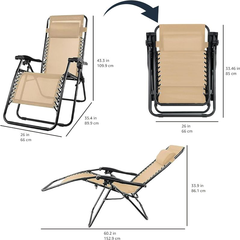 Photo 5 of (READ FULL POST) Amazon Basics Outdoor Textilene Adjustable Zero Gravity Folding Reclining Lounge Chair with Pillow, Beige Beige Chair