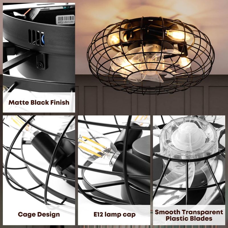 Photo 4 of (READ FULL POST) NookNova 16'' Low Profile Small Flush Mount Farmhouse Industrial Caged Ceiling Fan with Lights, 6 Speed Bladeless Black Ceiling Fan with Remote Control for Living Room, Bedroom, Kitchen, Dining Room Black-6 Speeds