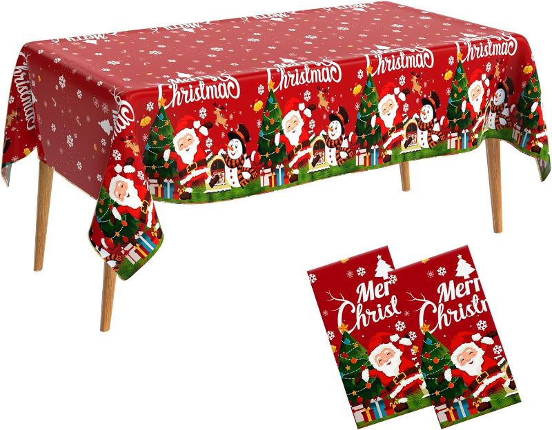 Photo 1 of 
Merry Christmas Tablecloth Plastic 2 Pack Disposable Christmas Table Cloth Rectangle Christmas Tree Santa Snowman Snowflakes