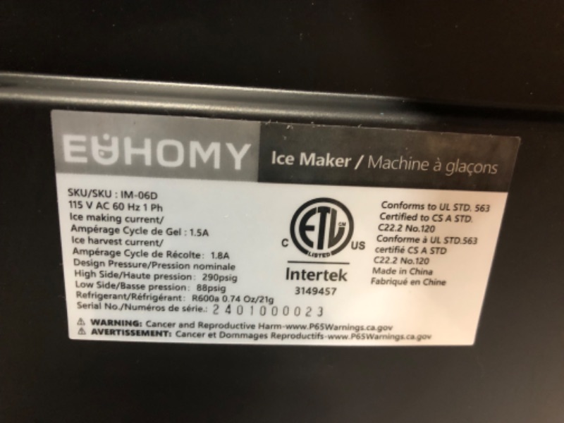 Photo 5 of ***USED - POWERS ON - UNABLE TO TEST FURTHER***
EUHOMY Countertop Ice Maker Machine with Handle, 26lbs in 24Hrs, 9 Ice Cubes Ready in 6 Mins, Auto-Cleaning Portable Ice Maker with Basket and Scoop, for Home/Kitchen/Camping/RV. (Black)