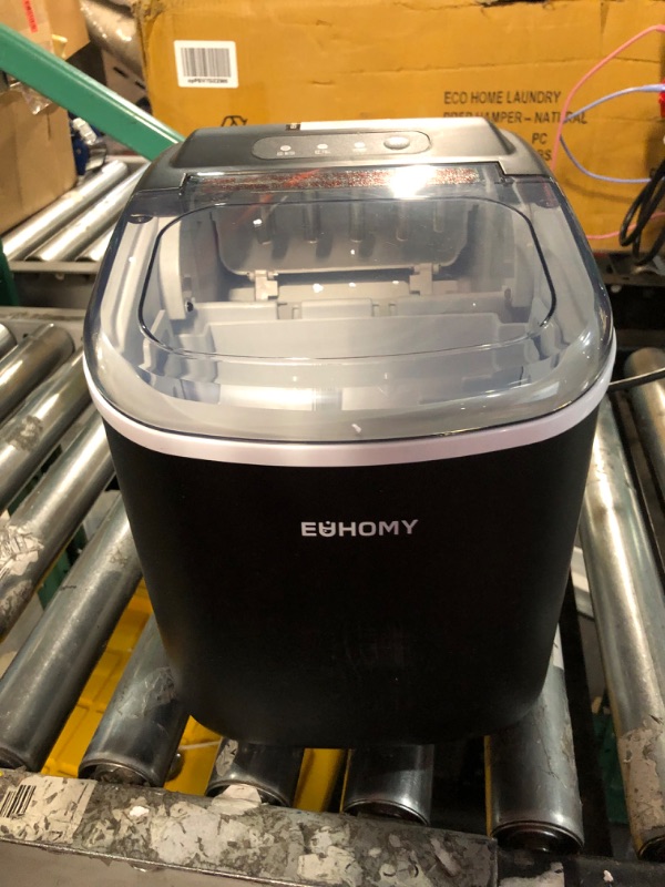 Photo 2 of ***USED - POWERS ON - UNABLE TO TEST FURTHER***
EUHOMY Countertop Ice Maker Machine with Handle, 26lbs in 24Hrs, 9 Ice Cubes Ready in 6 Mins, Auto-Cleaning Portable Ice Maker with Basket and Scoop, for Home/Kitchen/Camping/RV. (Black)