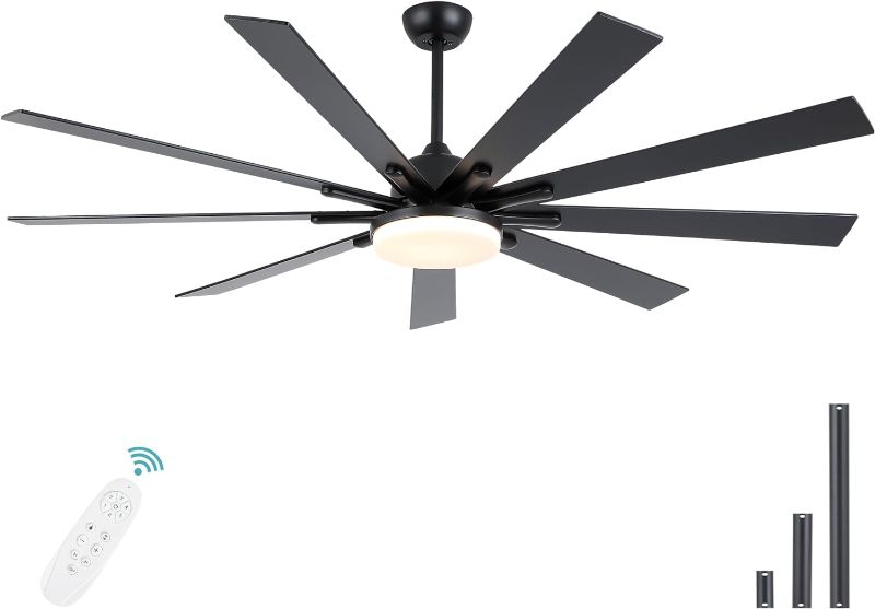 Photo 1 of 
POCHFAN 72 inch Large Ceiling Fans with Lights and Remote Control, Modern Black Ceiling fan with 9 Wooden Blades for Kitchen Living Room Patio,