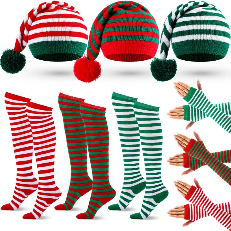 Photo 1 of 9 Pcs Christmas Long Striped Socks Over Knee Arm Warmer Fingerless Gloves and Winter Knitted Elf Hats Set for Adults