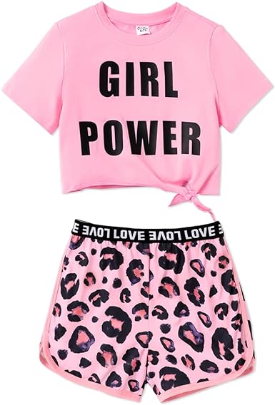 Photo 1 of PATPAT Girls Shorts Sets Naia Comfy Short Sleeve Letter Print Knot T-Shirt and Leopard Print 2 Piece Outfits Set
SIZE: 9-10 YEARS