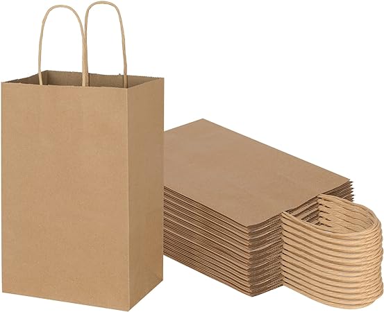 Photo 1 of 50 Pack 5.25x3.25x8.25 Inch Small Plain Brown Kraft Paper Bags with Handles Bulk, Gift Bags for Favor Grocery Retail Party Birthday Shopping Business Goody Craft Merchandise Take Out Sacks