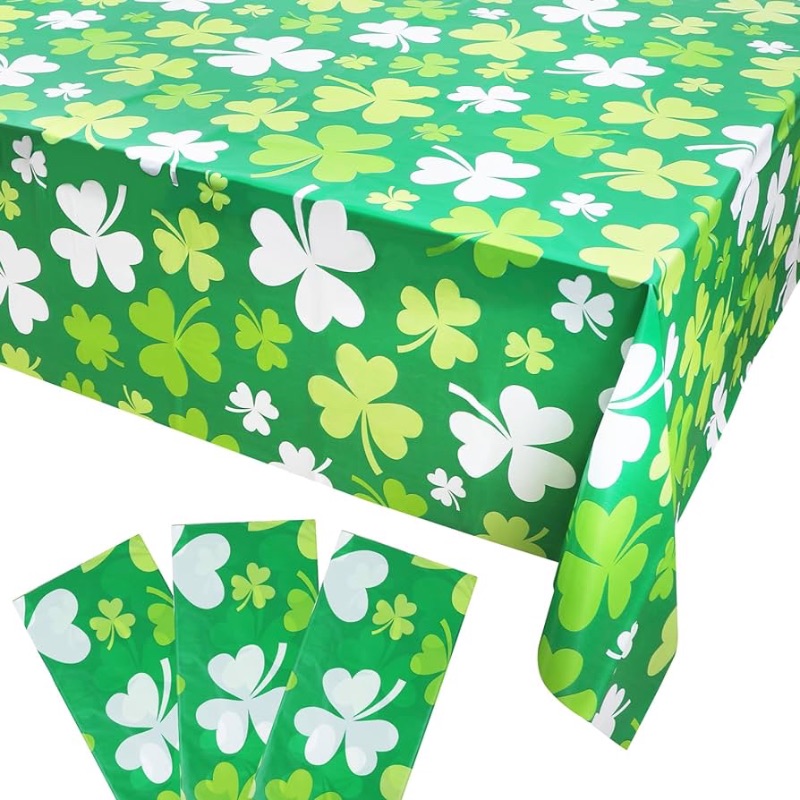 Photo 1 of 3PCS St.Patrick's Day Vinyl Tablecloths,9x4.5ft Green Lucky Shamrock Rectangular Plastic Waterproof Table Covers for Luck Irish Holiday Party Dinning Room Decorations Outdoor Indoor Supplies