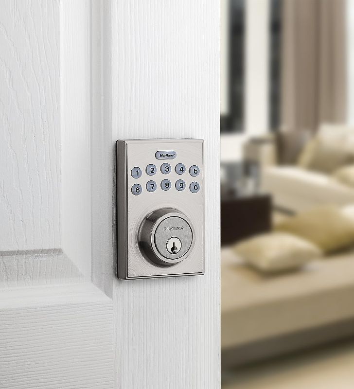 Photo 1 of  Contemporary Electronic Keypad Single Cylinder Deadbolt with 1-Touch Motorized Locking, Satin Nickel, 8 x 4 x 6