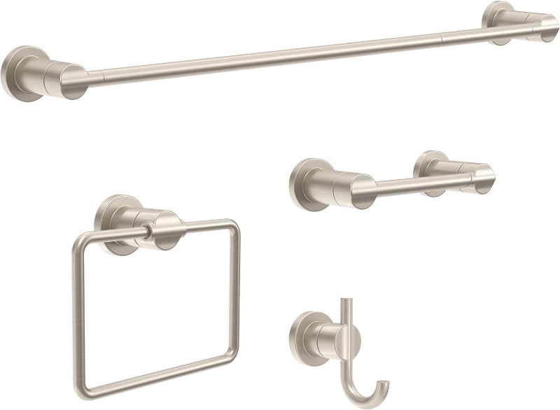 Photo 1 of Delta ARV64-DN Arvo 4-Piece Bath Hardware Set 18-in Towel Bar w/ 6-in Extender, Toilet Paper Holder, Towel Ring, Hook, Brushed Nickel